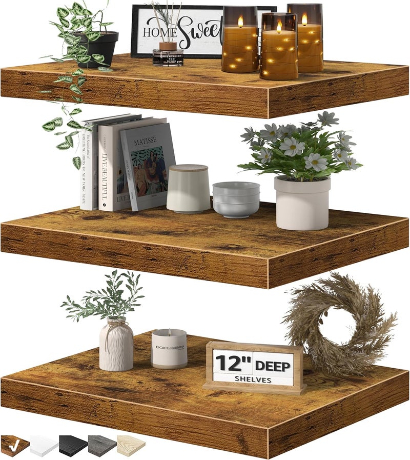 QEEIG 12" Deep Floating Shelves for Wall - 12 x 16 inch Book Shelf Bathroom Bedroom Kitchen Living Room Hanging Bookshelf Farmhouse Set of 3, Brown (026-40BN3) - Image 1